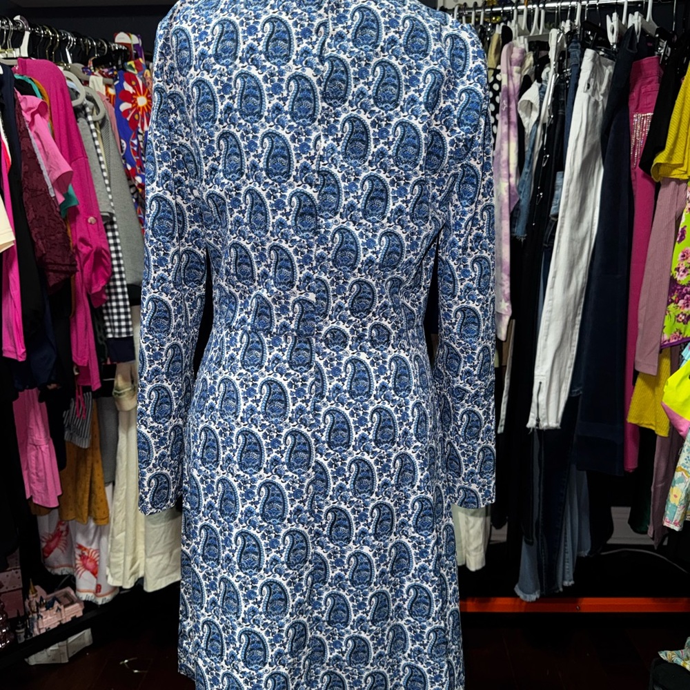 Derek Lam Blue Paisley Crosby V-Neck Long Sleeve Dress - Picture 2 of 4